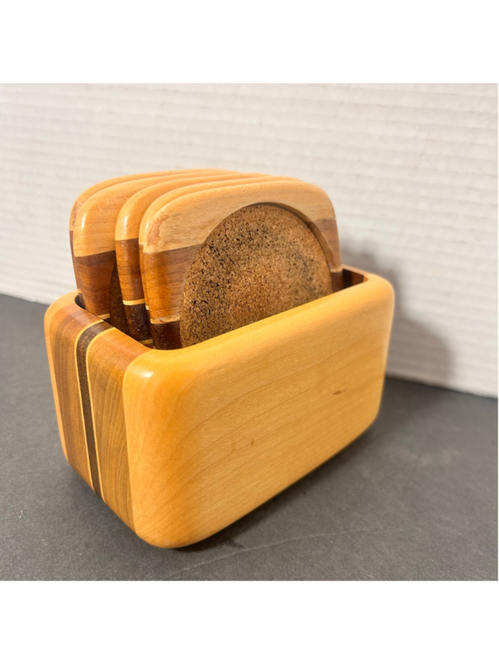 VTG David Levy Wooden Inlay Coaster Set of 5 and Holder Rustic Nature Minimalist